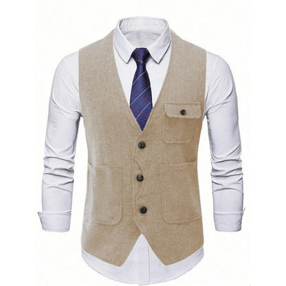 Suit Vest Man Vintage Single-breasted Pocket Male Waistcoat Slim V-neck Sleeveless Business Casual Versatile Men Vest