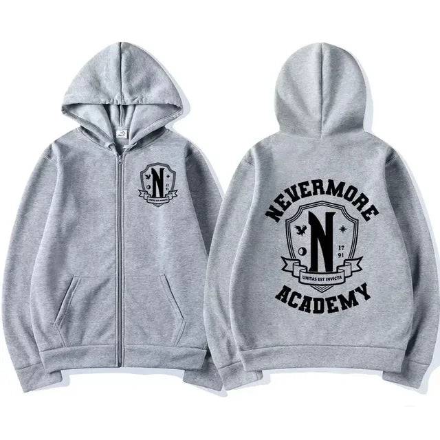 Men Women Nevermore Academy Logo Print Graphic Zipper Hoodie Casual Long Sleeve Harajuku Oversized Zip Up Coats Hoodies