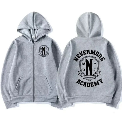 Men Women Nevermore Academy Logo Print Graphic Zipper Hoodie Casual Long Sleeve Harajuku Oversized Zip Up Coats Hoodies