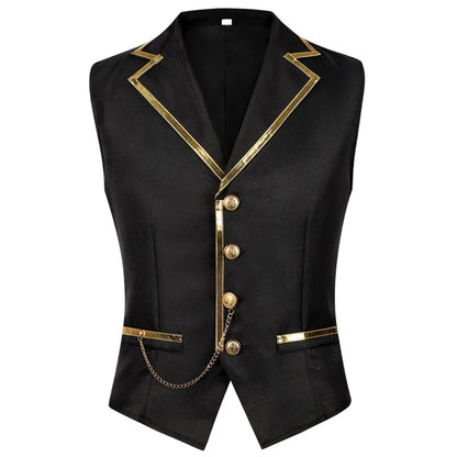 British Style Men Red Sleeveless Vest Jacket, Thin Single Button V-neck Waistcoat, Gold Striped Patchwork.