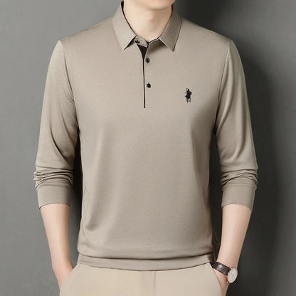 2025 Latest Autumn New Men's Long Sleeve Polo Shirt Middle Aged Business Comfortable Solid Color Men's Collar T-shirt