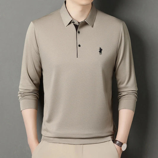 2025 Latest Autumn New Men's Long Sleeve Polo Shirt Middle Aged Business Comfortable Solid Color Men's Collar T-shirt