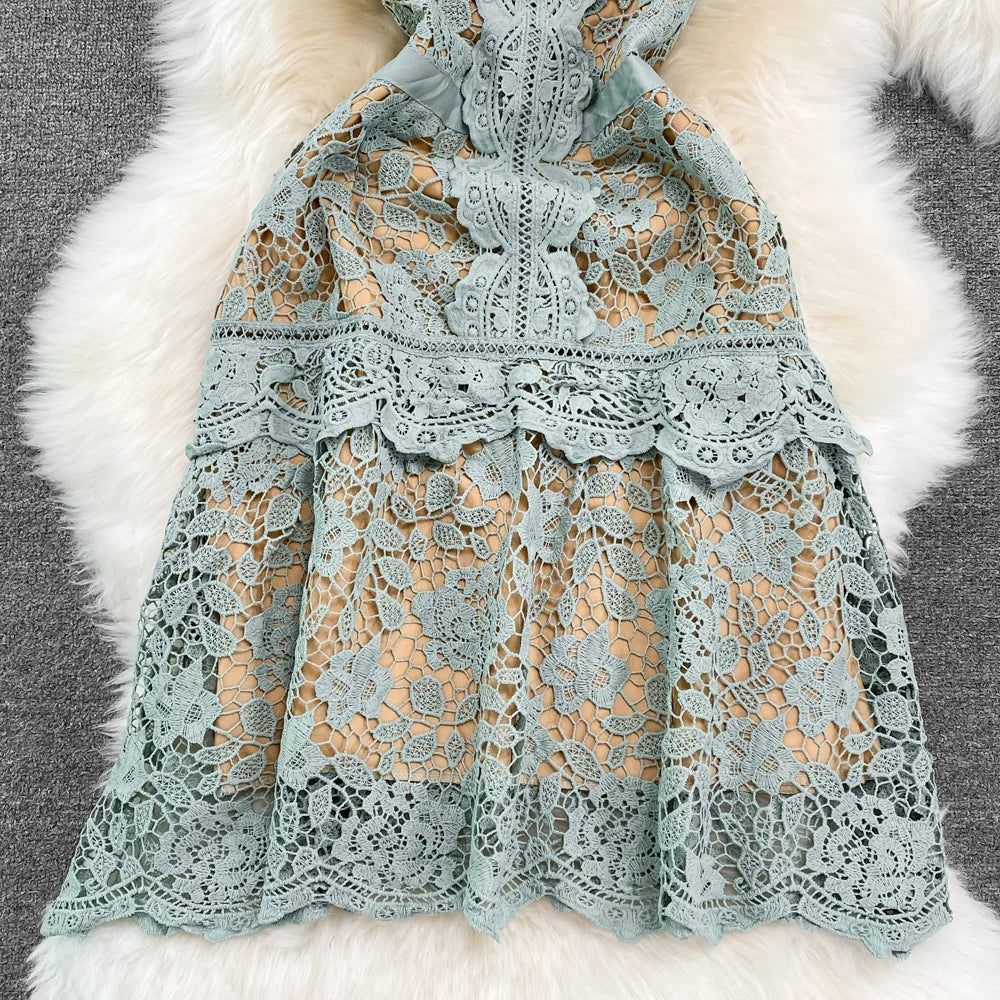 Retro Court Sle round Ne Fly Sve Slimming Soluble Hook Flower Hollow A-Line Dr Summer New Arrival Women's Faion