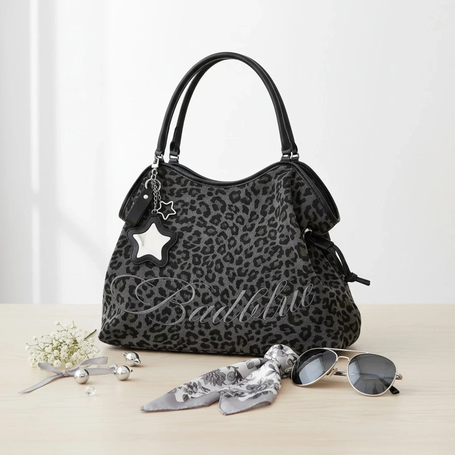 Women Leopard Print One Shoulder Armpit Bag Embroidered Letter Large Capacity Tote Bag Ladies Drawstring Versatile Underarm Bags