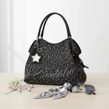 Women Leopard Print One Shoulder Armpit Bag Embroidered Letter Large Capacity Tote Bag Ladies Drawstring Versatile Underarm Bags