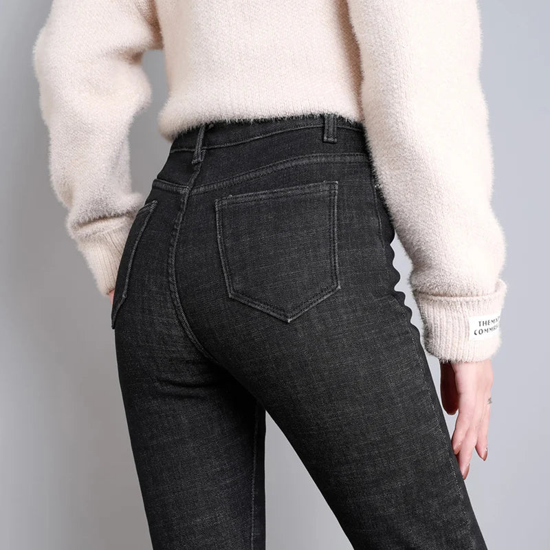 2023 Fashion Women Stretch High Waist Pencil Pants Casual Female Velvet Jeans High Quality Fleece Mom Jeans Thick Plush Pants