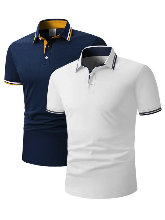 2pcs Men's Short-Sleeve Shirts with Contrast Collars - Lightweight Polyester, Pastel Blue & Pink, Turn- Collar, Button Closure,