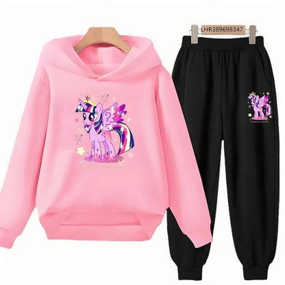 Unicorn Pony Hoodie Kids 3-12 Years Boys Girls Red Casual Tops+Pants Sets Children Long Sleeves Autumn Fashion Clothes