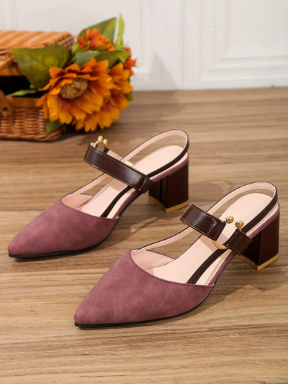 Women's Pointed Toe Block High Heel Sandals, Fashion Solid Color Slingback Shoes, Versatile Mid Heels