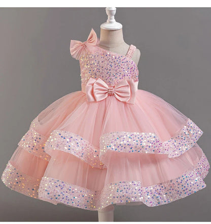 Fashion Birthday Dress Lace Mesh Bow Kids Girls Sequin Dress Summer Children Clothing Princess Ball Gown Pageant 1-6 Years