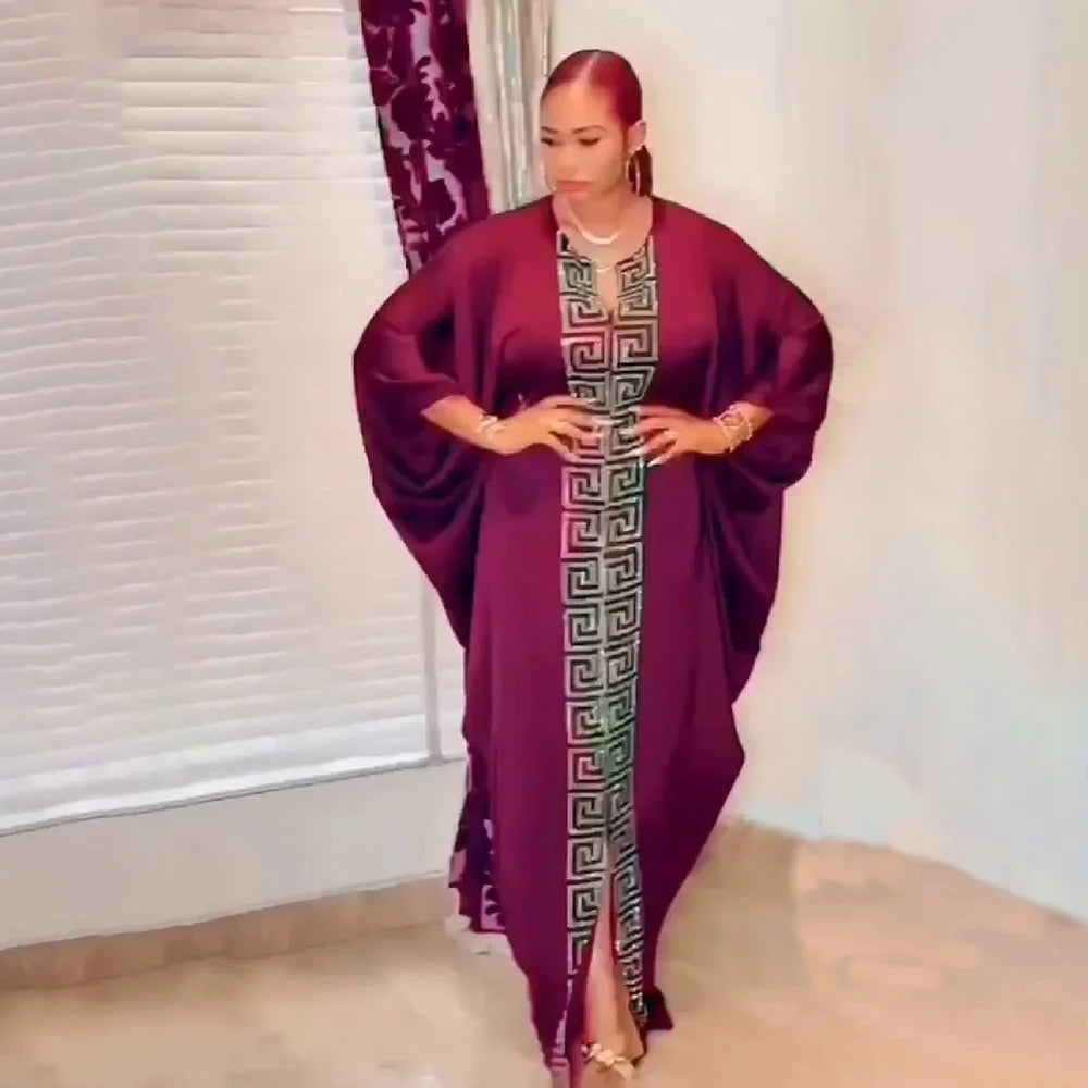 Fashion African Woman Large Size Bat Sleeve Dress Muslim Islamic Style Robe Imitation Silk Hot Fix Rhinestone