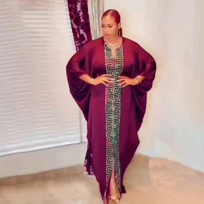 Fashion African Woman Large Size Bat Sleeve Dress Muslim Islamic Style Robe Imitation Silk Hot Fix Rhinestone