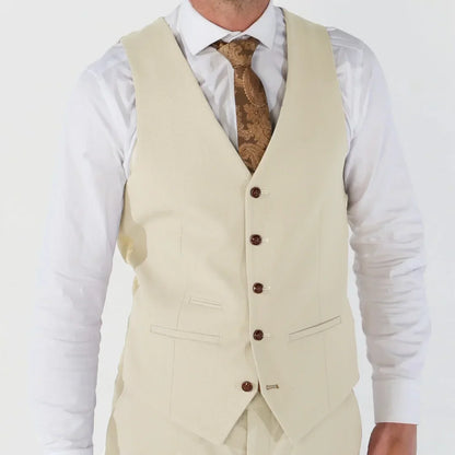Men Vest Beige V Neck Single Button Solid Waistcoat For Wedding Birthday Banquet Party Business Daily Casual Men Suit Vest