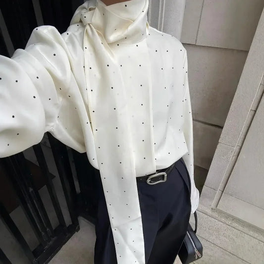 Satin Scarf Neck Polka Dot Printing Women Blouse Fashion Full Sleeve Loose Basic Shirt Lady Spring Highstreet Commute Wears New