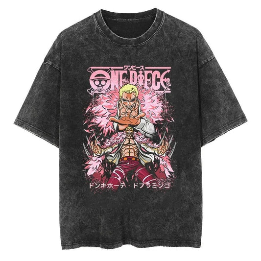 ONE PIECE Japanese Anime Donquixote Doflamingo Men's and Women's T-shirts Cotton Washed Old Retro Y2k Harajuku Short Sleeves