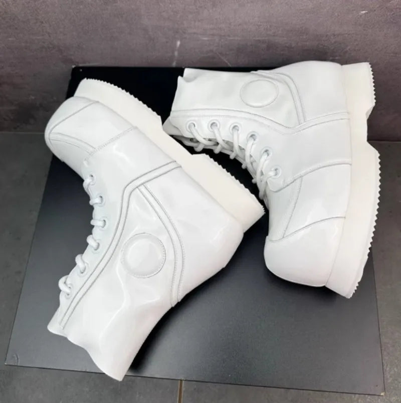 High Street Mens Round Tote High Top Cowhide Genuine Leather Ankle Boots Punk Style Stage Show Shoes Platform Work Safty Shoes