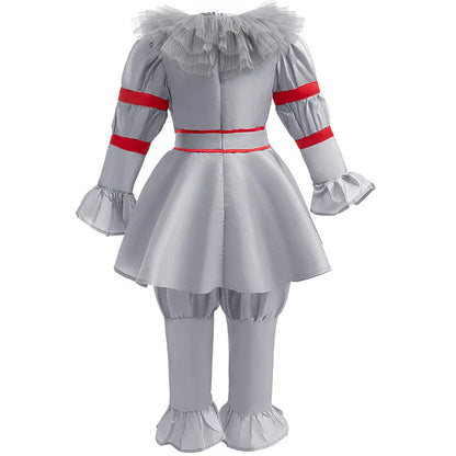 Kids Scary Joker Pennywise Cosplay Costume Horror Ghost Movie It Puff Sleeve Tulle Collar Top With Pants For Halloween Carnival