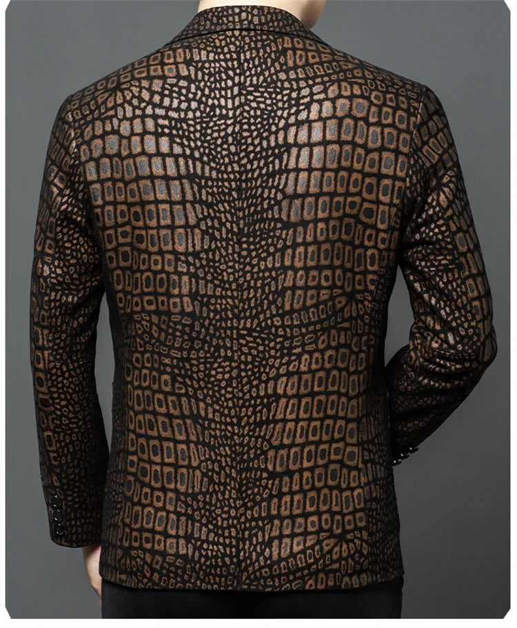 Luxurious Sheepskin Blazers For Men Smooth Casual Leather Jacket Winter Top Quality Leopard Print Slim Gentleman Terno Masculino