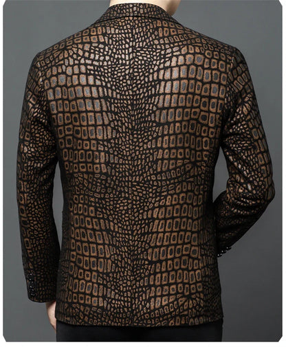 Luxurious Sheepskin Blazers For Men Smooth Casual Leather Jacket Winter Top Quality Leopard Print Slim Gentleman Terno Masculino