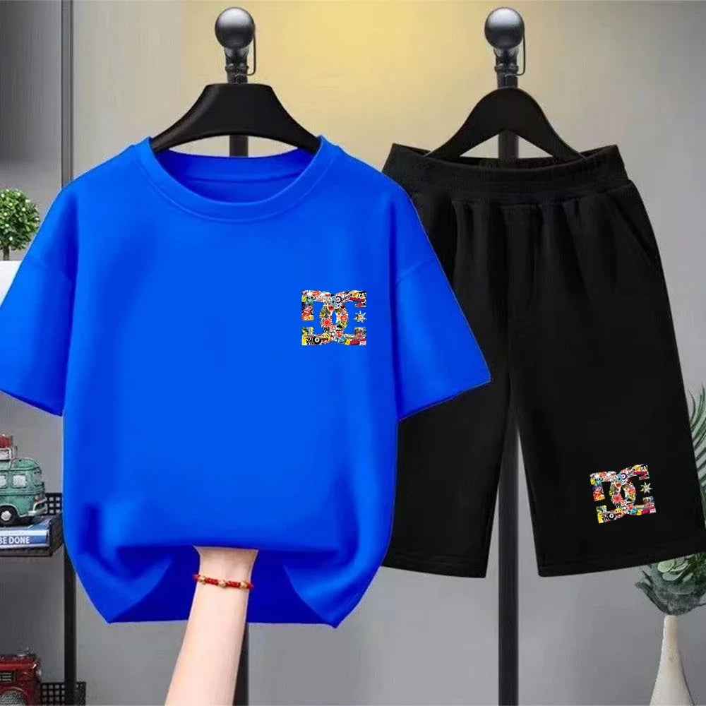 Kids Summer T-Shirt Sets Girls White Boy Black Red Casual T-Shirt+Shorts Printed Kids Outfits Teen Children's Loose Short Sleeve