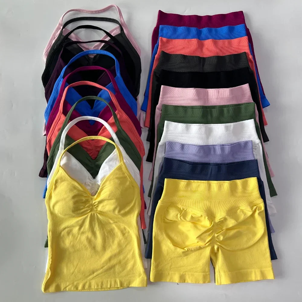 No Logo 2 Pieces Sports Set Workout Clothes Shorts Sets Gym Strappy Top Scrunch Shorts Yoga Clothing Gym Set