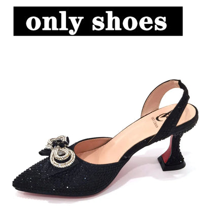 The Latest INS Style Rhinestone Bow Side Empty Party High Heels Pointed Toe Stiletto Heels Silver Women's Shoes And Bags