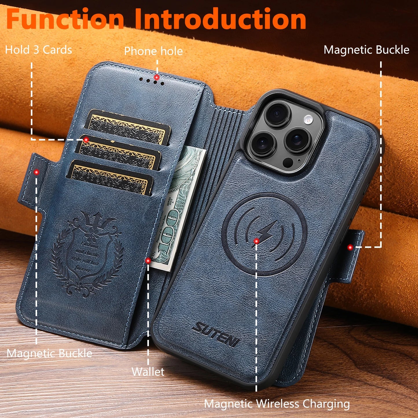 Faux Leather Wireless Charging Card Holder Stand Wallet Magnetic Flip Cover Phone Case For iPhone 16 Pro Max 15 Plus 14