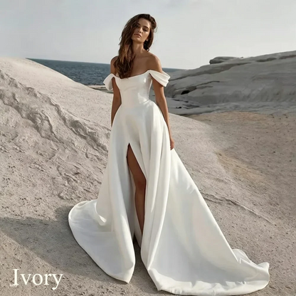 Customized Elegant Satin Mermaid Wedding Dress 2026 Simple Strapless Off Shoulder Side Slit Bride Robe Button Vestidos De Novia