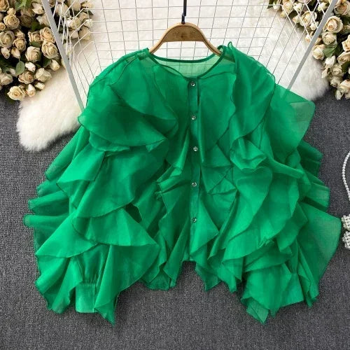 Autumn Blouse for Women Fashion O-neck Long Puff Sleeve Flounced Edge Shirts French Chic Versatile Female Tops Dropshipping