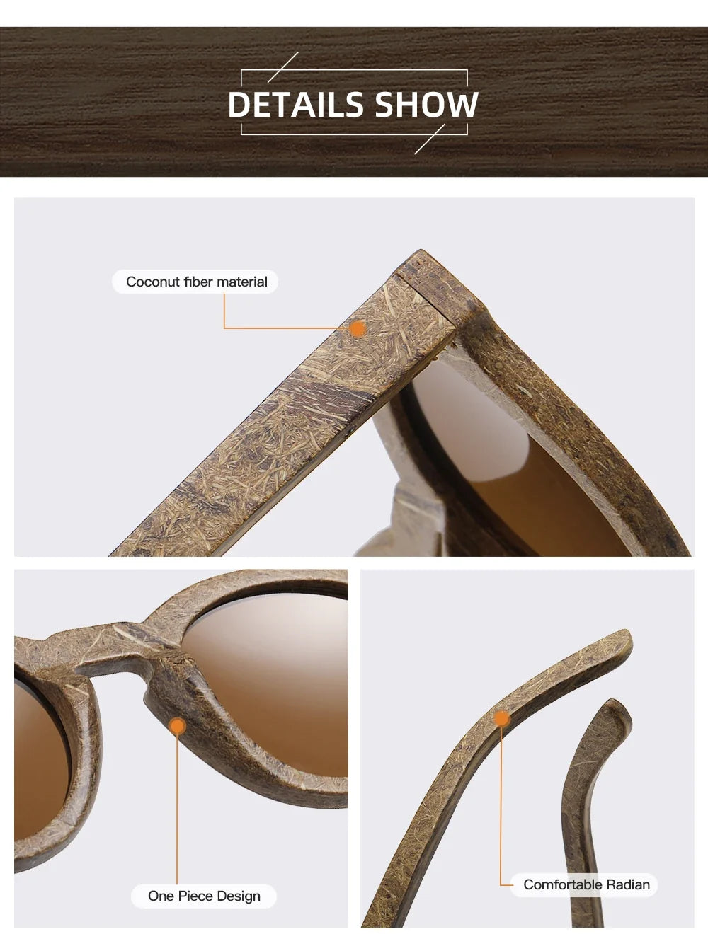 Brand coconut fiber sunglasses Eco-friendly  new wood,made  polarized UV400 protection natural degradation glasses 8242