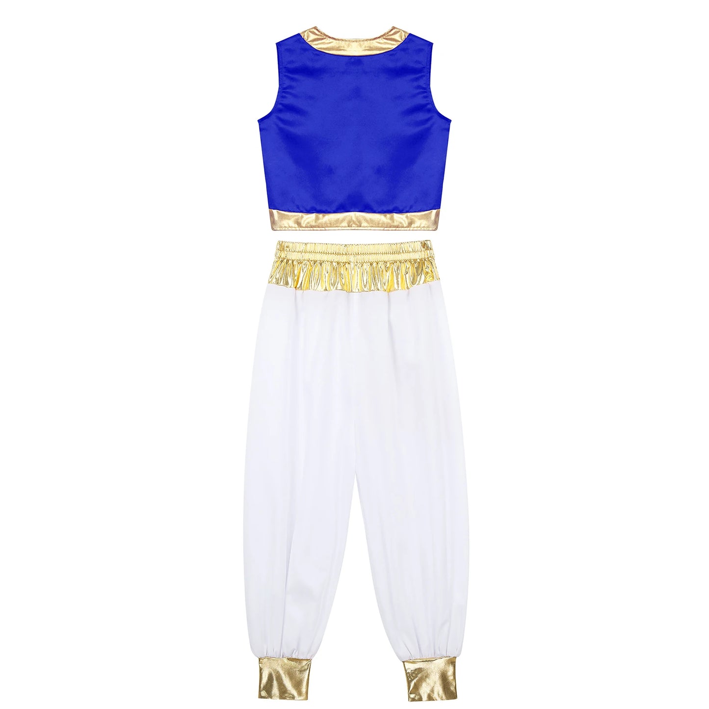 Boys Girls Prince Costume Arabian Prince Fairy Tale Character Cosplay Suits Belly Dance Golden Trim Vest with Satin Bloomer Set