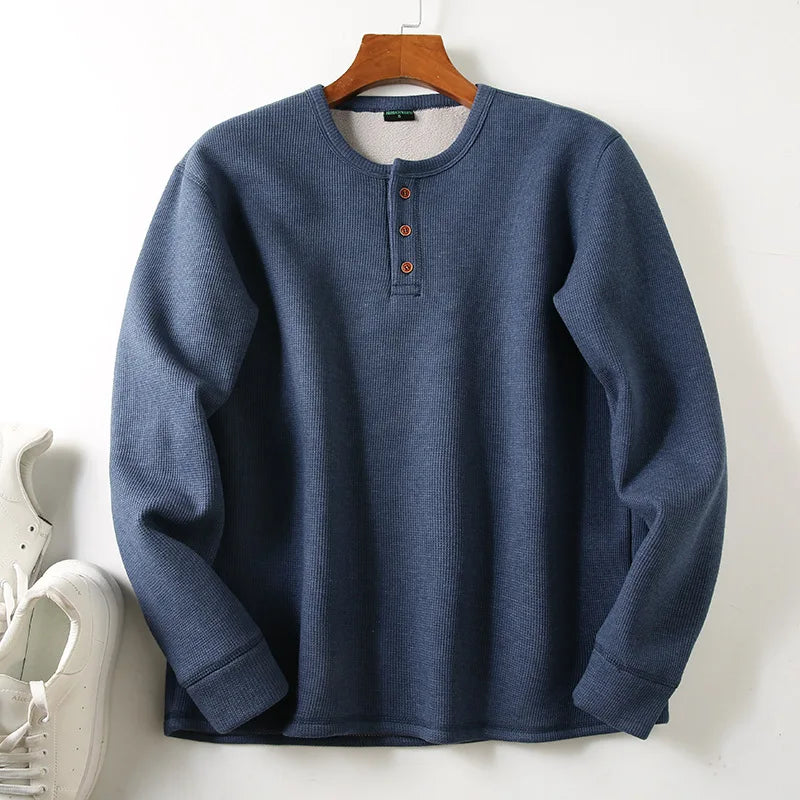 Men's Fleece - Lined Thickened Long - Sleeved Henley Neck Waffle Knit T - Shirt