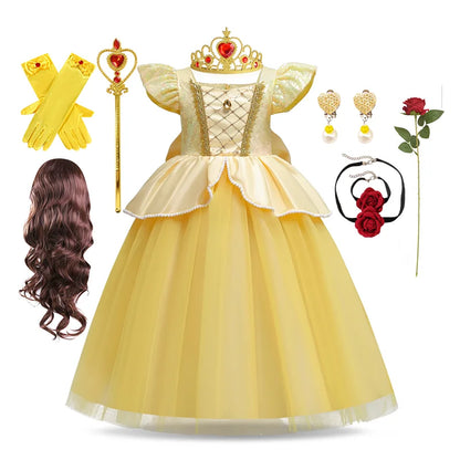 Kids Cosplay Disney Beauty and The Beast Belle Princess Dress Girls Party Costume Children Fancy Birthday Party Flower Disguise