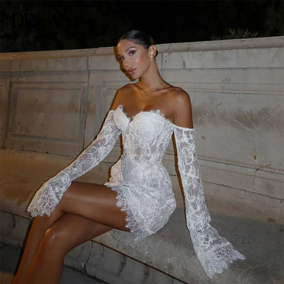 Lace Sweetheart Sheath Short Wedding Dress Women 2025 Long Sleeve Off The Shoulder Bridal Gown Vestido De Novia Customized