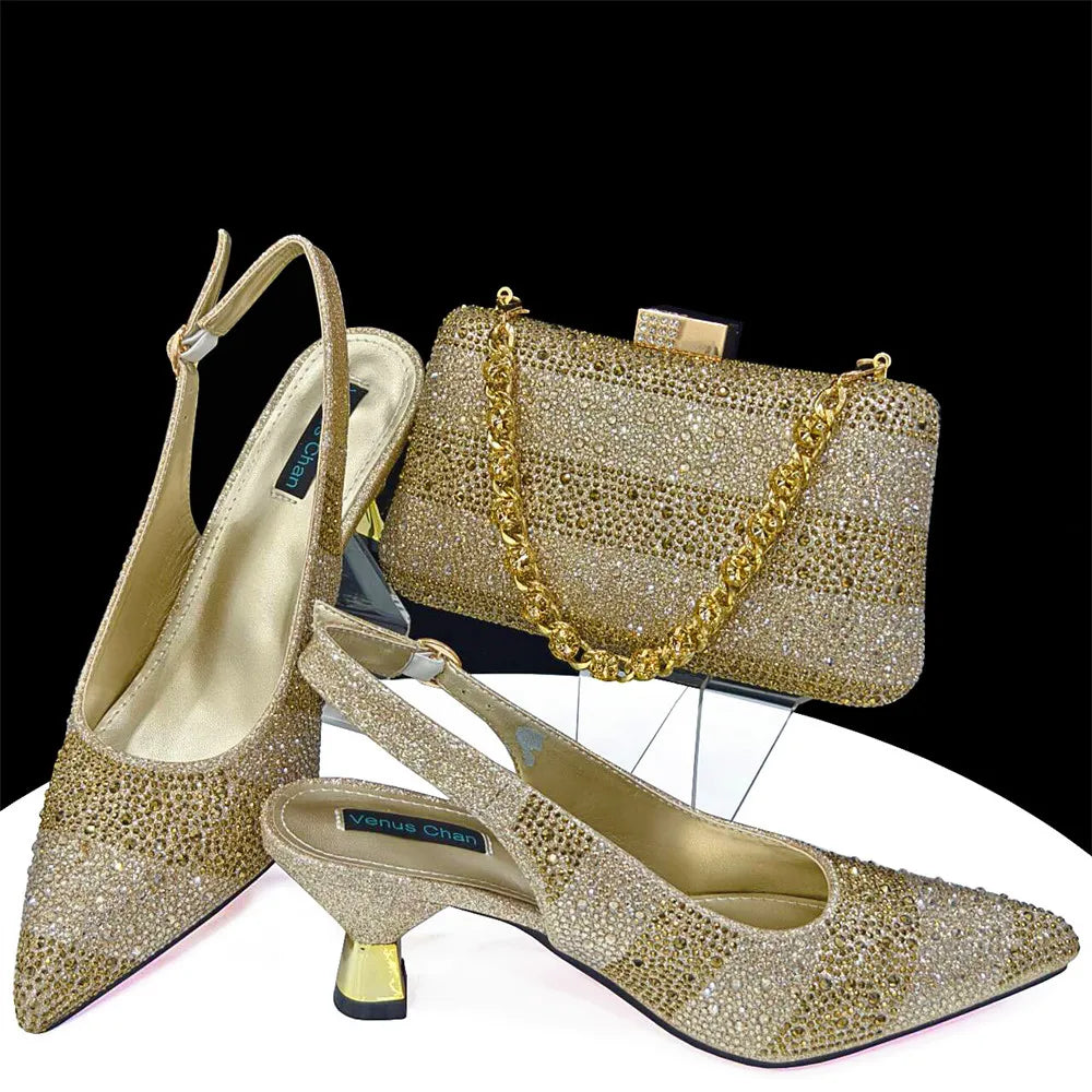 Elegant High Heels Shoes and Bag Set for Women Pointed Toe Black Color Hollow Rhinestones Matching Bag INS 2024