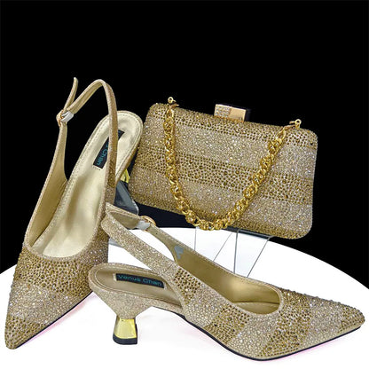 Elegant High Heels Shoes and Bag Set for Women Pointed Toe Black Color Hollow Rhinestones Matching Bag INS 2024