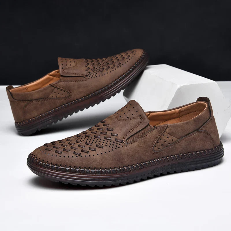 New 2024 Handmade Leather Men Shoes Design Fashion Sneakers Slip On Loafers Summer Mesh Breathable Casual Shoes Men Driving Flat