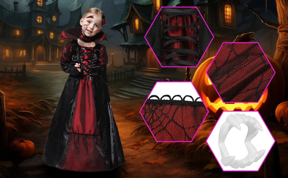 Girls Halloween Vampire Costume Adult Vampiress False Teeth Stickers Role Play Carnival Party Cosplay Outfits for Women