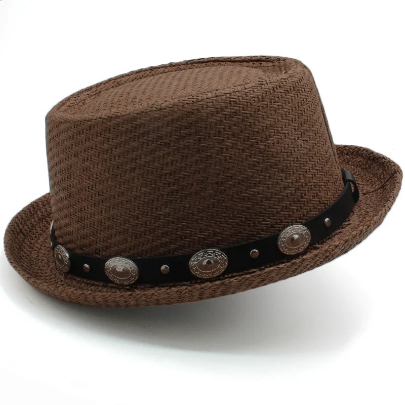 Men Women Straw Pork Pie Hats Summer Sunhat Boater Caps Sailor Sombrero Beach Fedora Trilby Outdoor Travel US Size 7 1/4 UK L