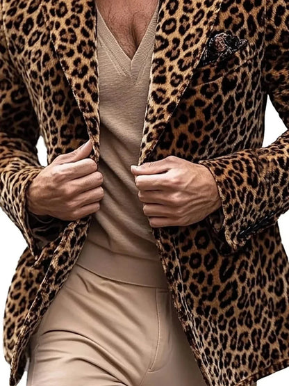 Men's Leopard Print Blazer Single Breasted Slim Fit Tuxedo Jacket Notch Lapel Fashion Party Prom Outerwear