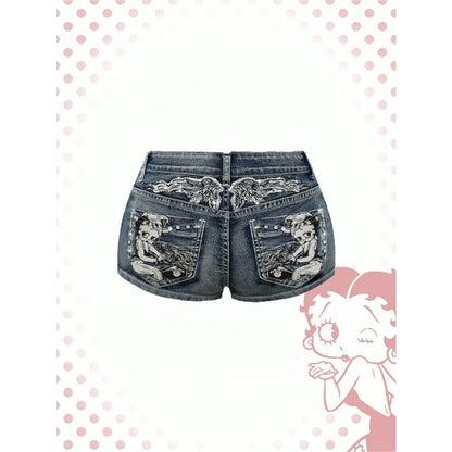 Women's Blue Denim Shorts Y2k Jeans Harajuku American Vintage High Waist Jorts Casual Jeans 2000s Embroidery Sexy Clothes Summer