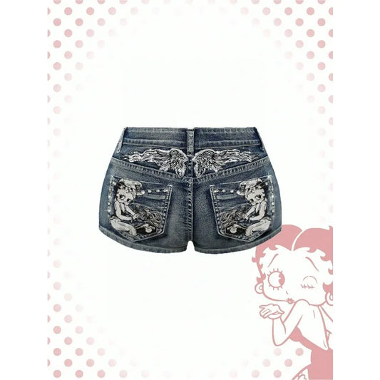 Women's Blue Denim Shorts Y2k Jeans Harajuku American Vintage High Waist Jorts Casual Jeans 2000s Embroidery Sexy Clothes Summer
