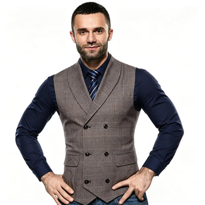 New Men's Checkered Vest, Male Casual Business Suit Vest, Plus Size British-Style  Four Seasons Double Breasted Slim Fit Vest