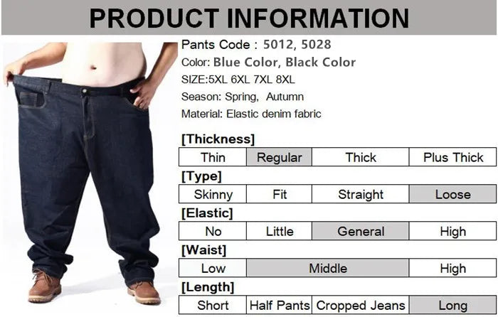 200KG Extra Large Jeans Men Blue 8XL 7XL 6XL 5XL Plus Size Denim Big Straight Elastic Trousers Black Stretched High Waist Pants