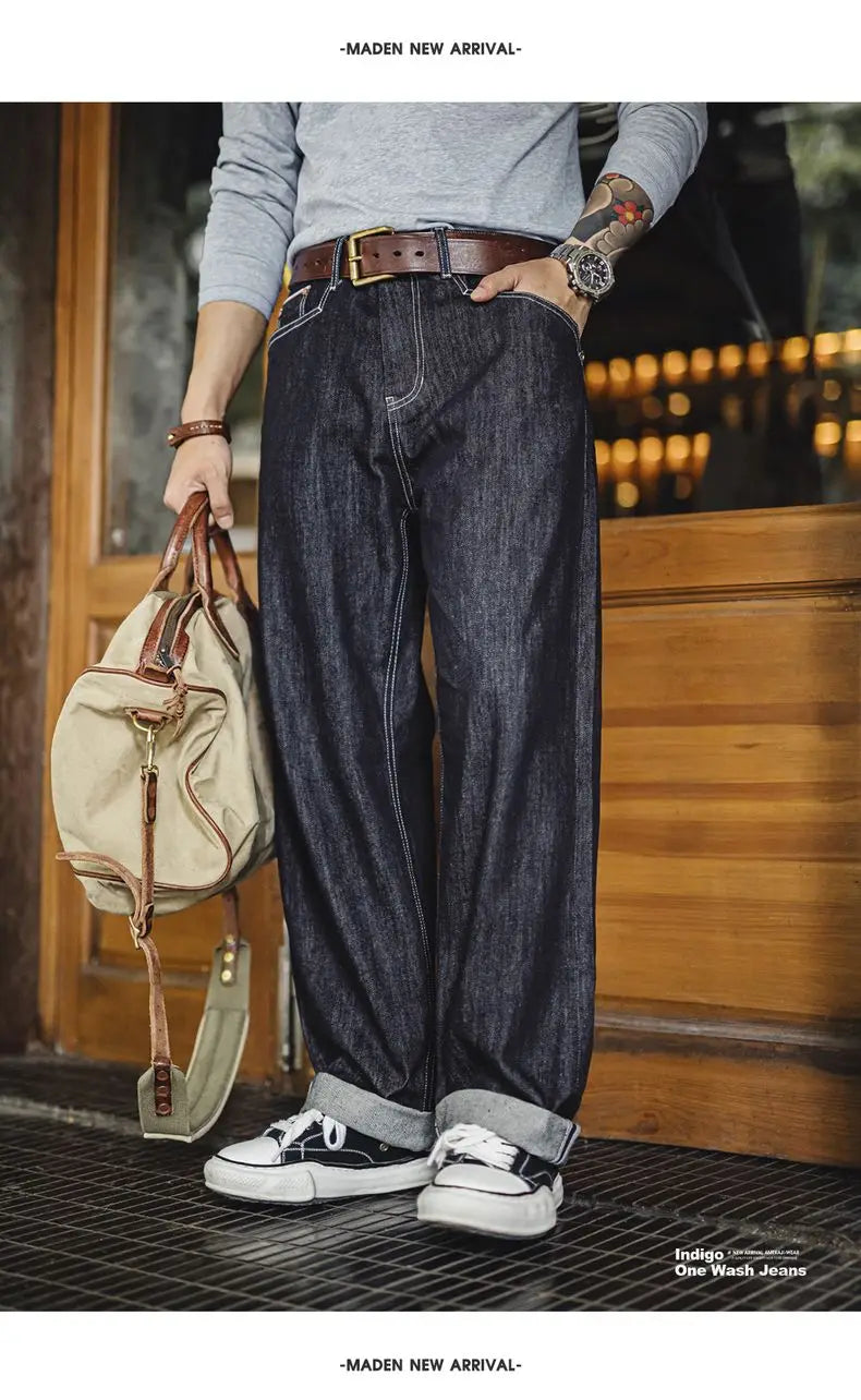 Vintage 12oz One-Washed Denim Jeans for Men Straight Wide Leg Trousers Loose Fit Zip Fly Casual Pants for Fall Winter