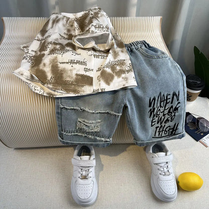 Korean Children's Summer Clothes Kids Set Outfits Boys 2026 Handsome Sleeveless&Short Sleeved T-shirt Denim Shorts 2-piece Set
