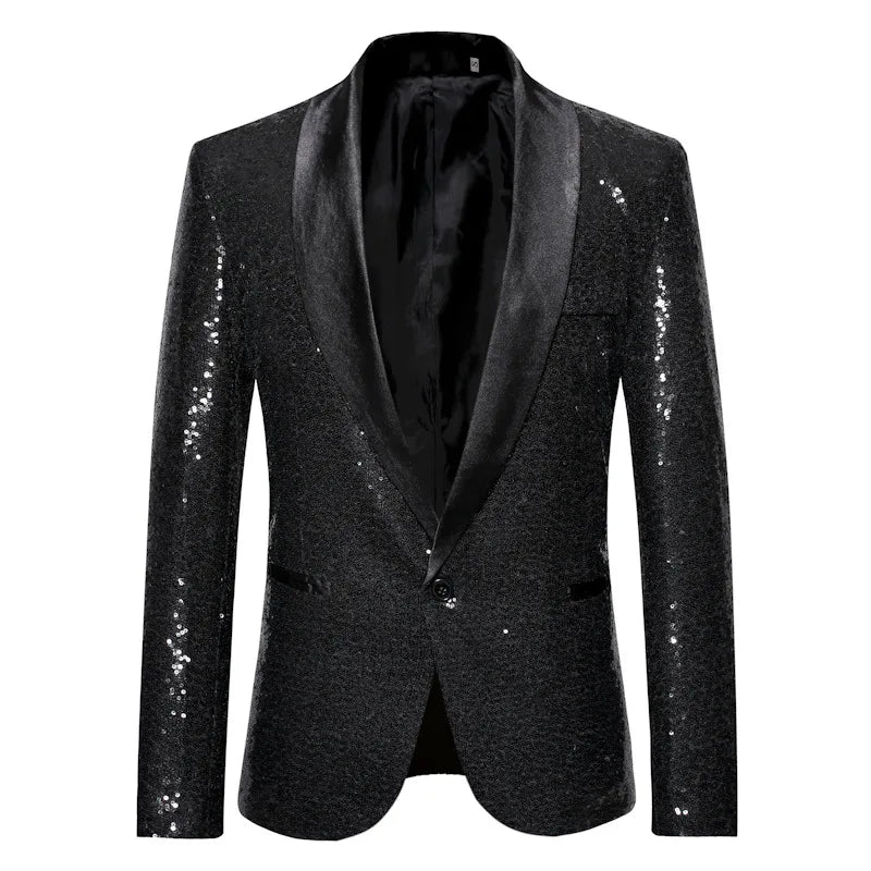 2026 Men's Suit Jacket, Shiny Sequin Stage Performance Coat, White Silver Blue Red Purple Blazers V-neck Single Button