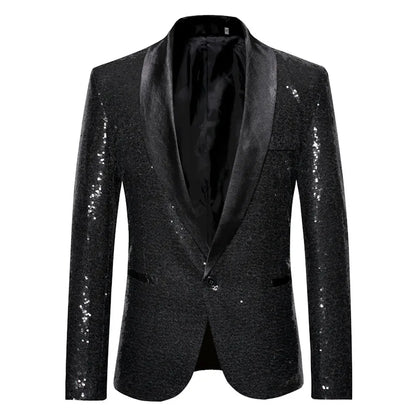 2026 Men's Suit Jacket, Shiny Sequin Stage Performance Coat, White Silver Blue Red Purple Blazers V-neck Single Button