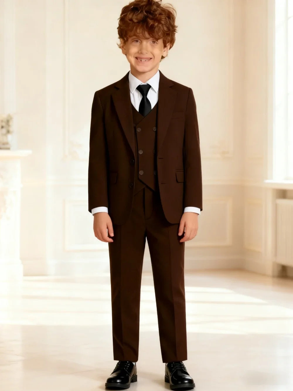 Classic Brown Flower Boy Blue Wedding Outfit Set Kids' Formal Piano Host Piano Performance Blazer Suit Baby's Birthday Ceremony