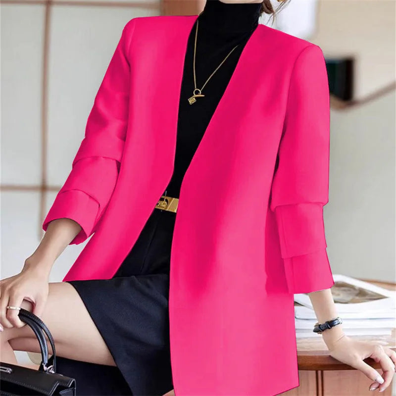 Fashionable Versatile Spring Autumn Women's Blazer Jacket Korean Style Street Style Long Sleeve Suit Coat Pure Color Commute...
